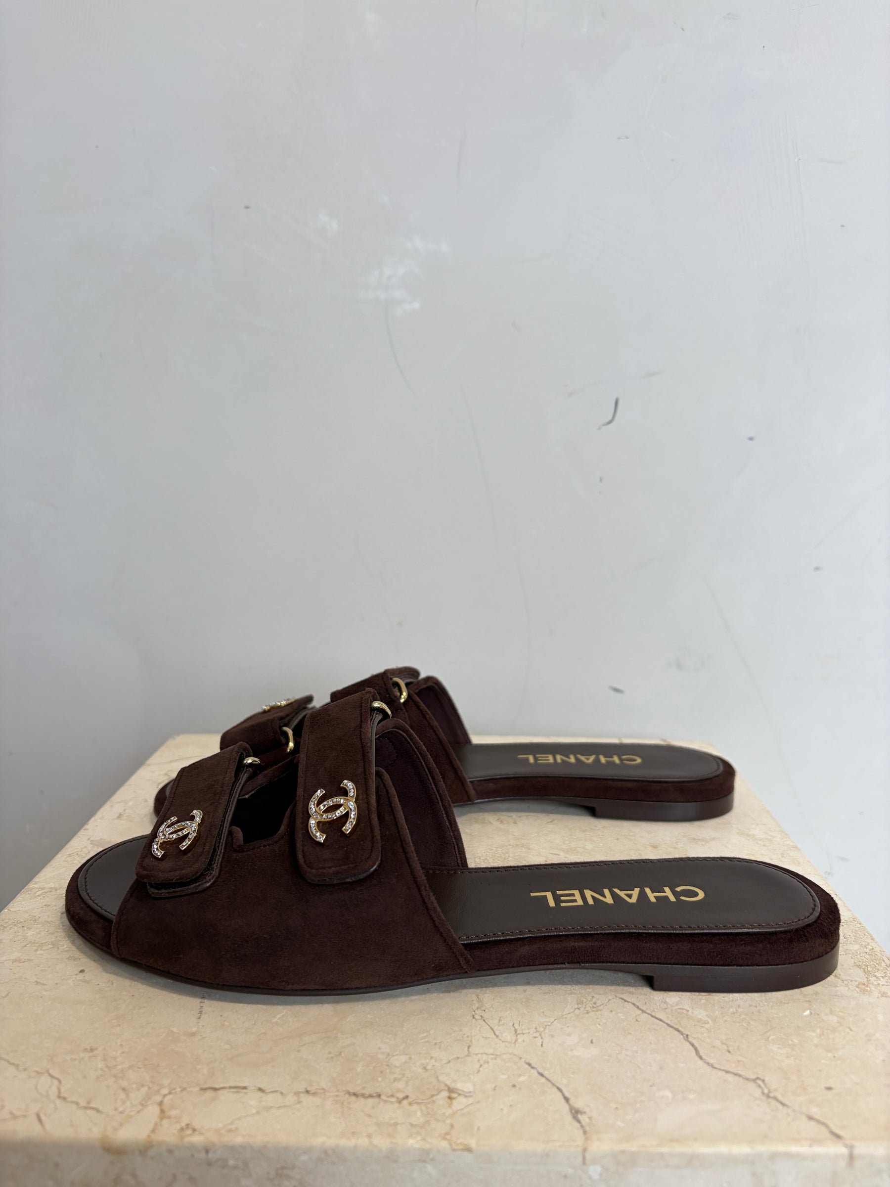Chanel Brown Suede CC City Sandal, 39