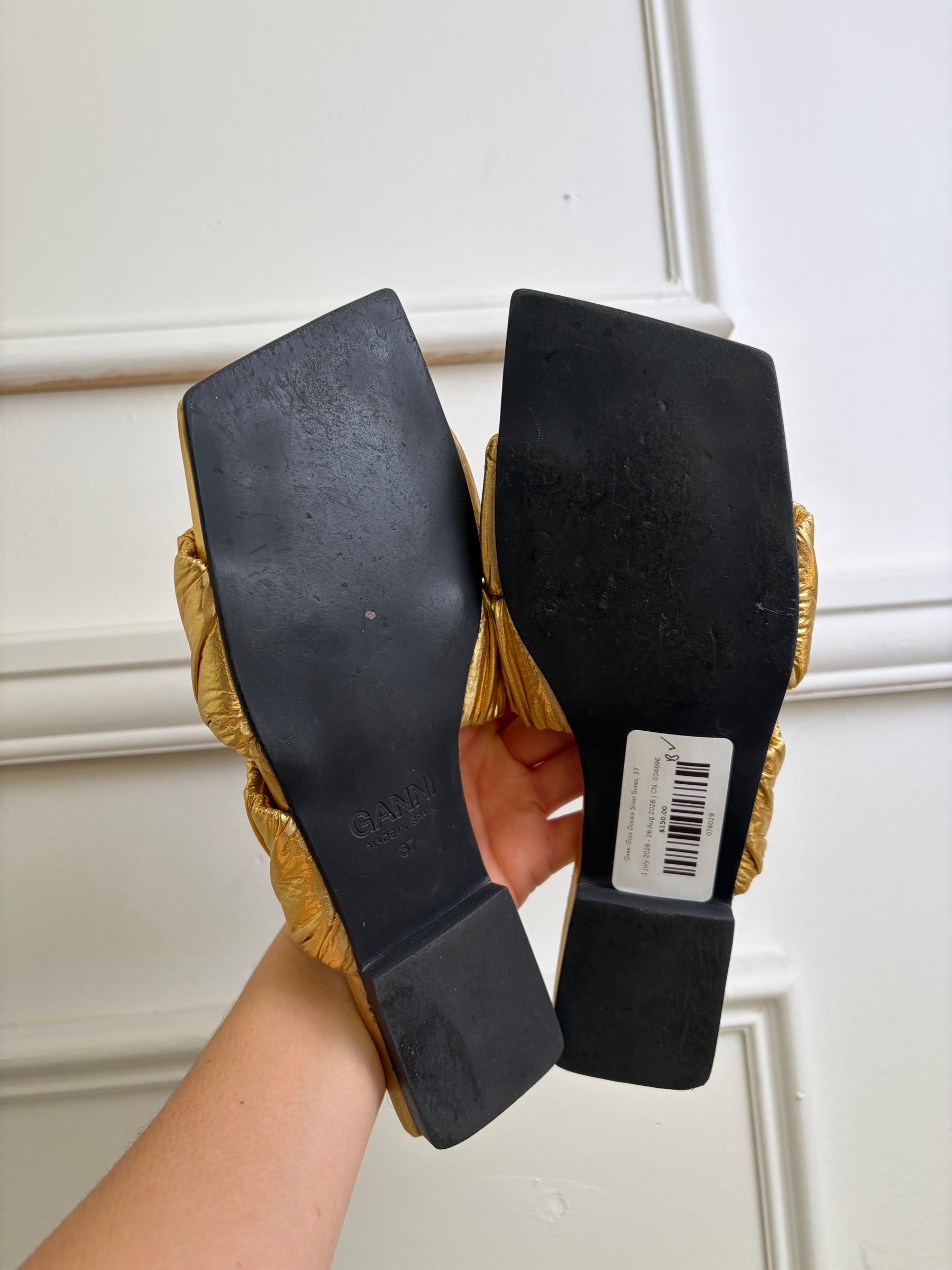 Ganni Gold Double Strap Slides, 37