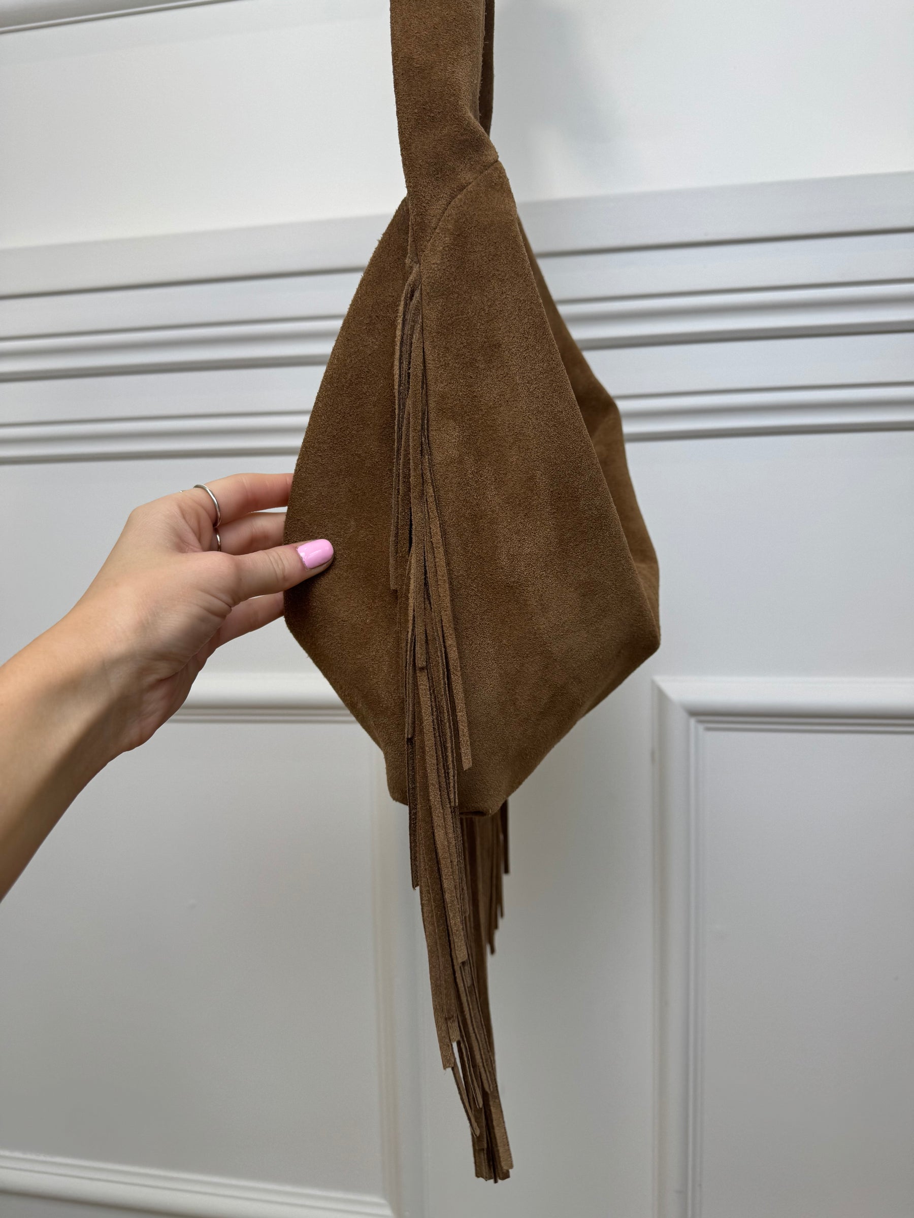 Maje Brown Suede Fringed Crossbody Bag