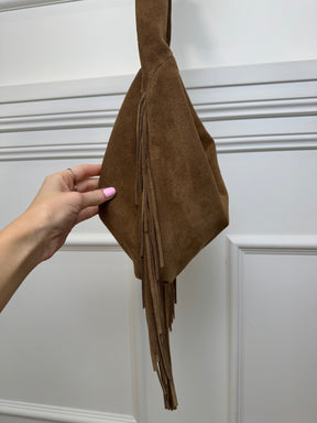 Maje Brown Suede Fringed Crossbody Bag