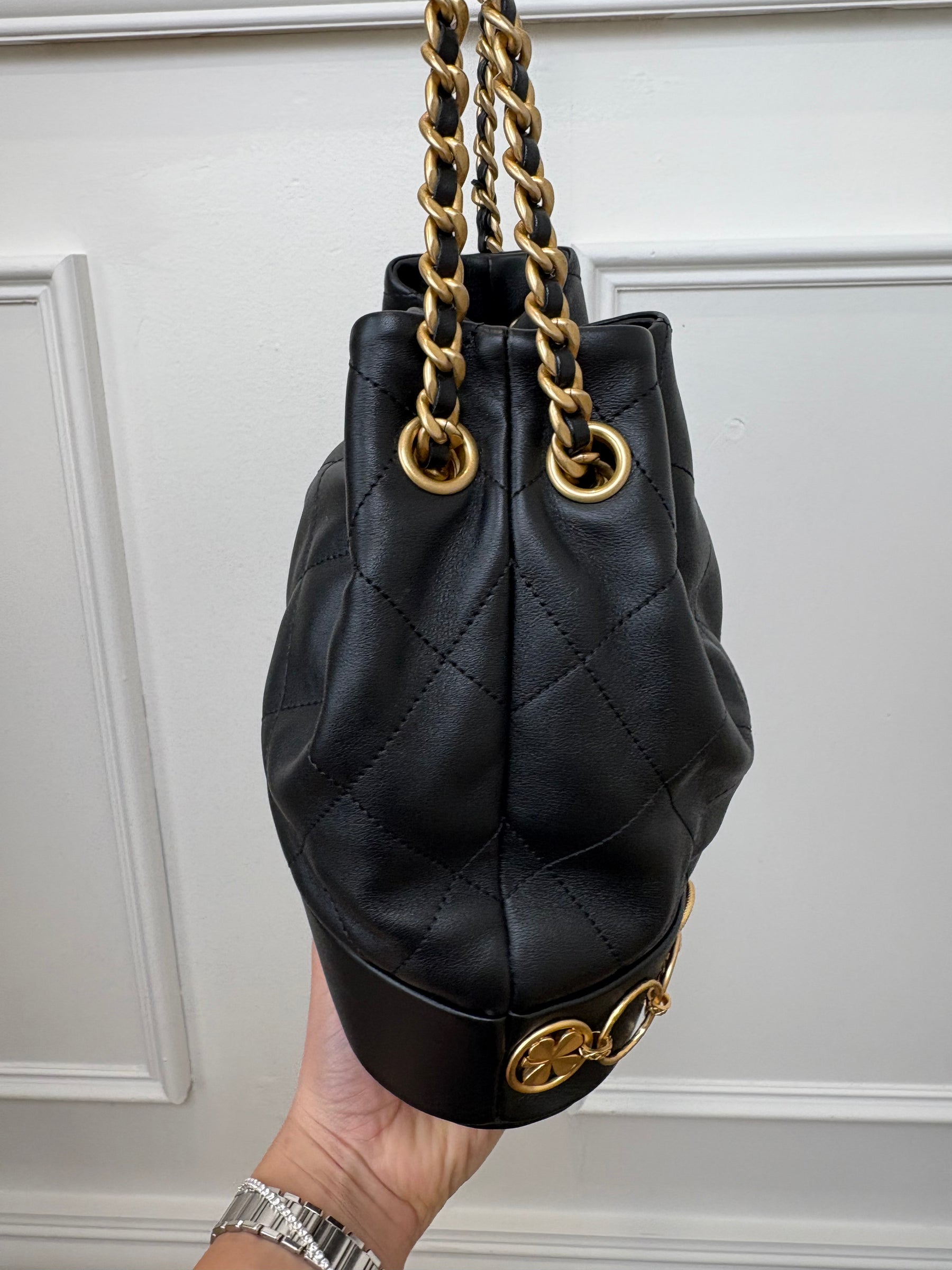 Chanel Black Lambskin Leather Charm Bucket Bag
