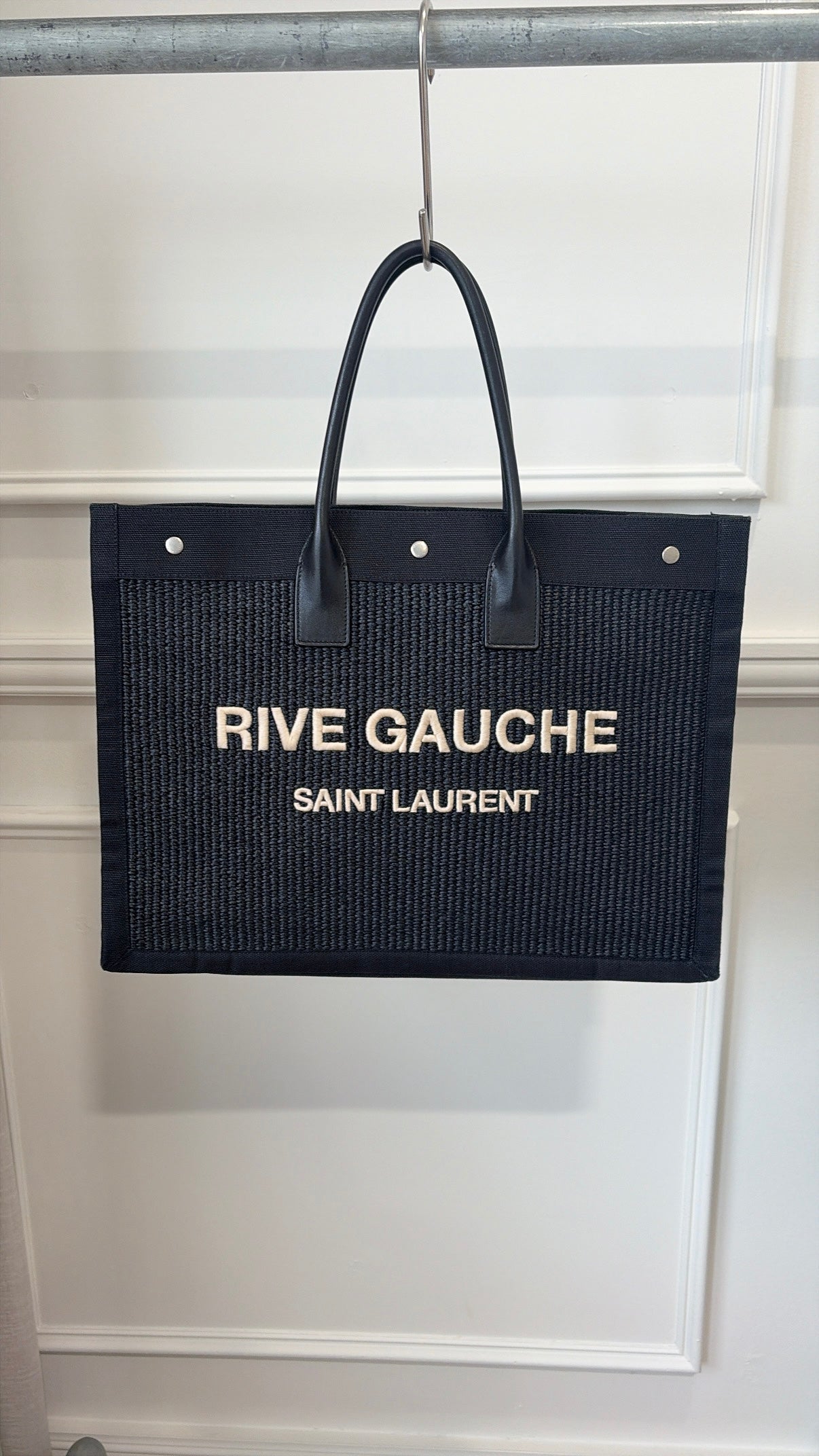 Saint Laurent Black Canvas and Raffia Rive Gauche Tote