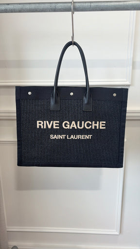 Saint Laurent Black Canvas and Raffia Rive Gauche Tote