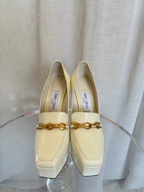 Jimmy Choo White Patent Platform Pumps, 39.5