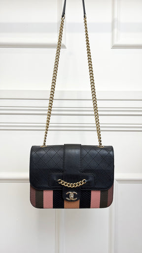 Chanel Black Quilted Leather and Snake Skin Front Chain Flap