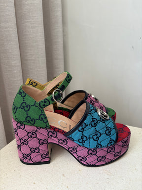 Gucci Multi Monogram Canvas Platfrom Marmont Sandals, 37