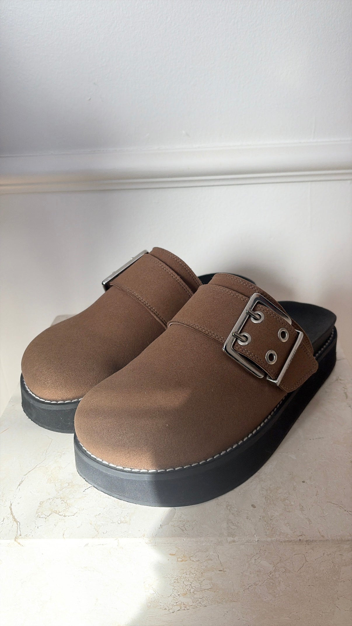Ganni Brown Buckle Clogs, 38