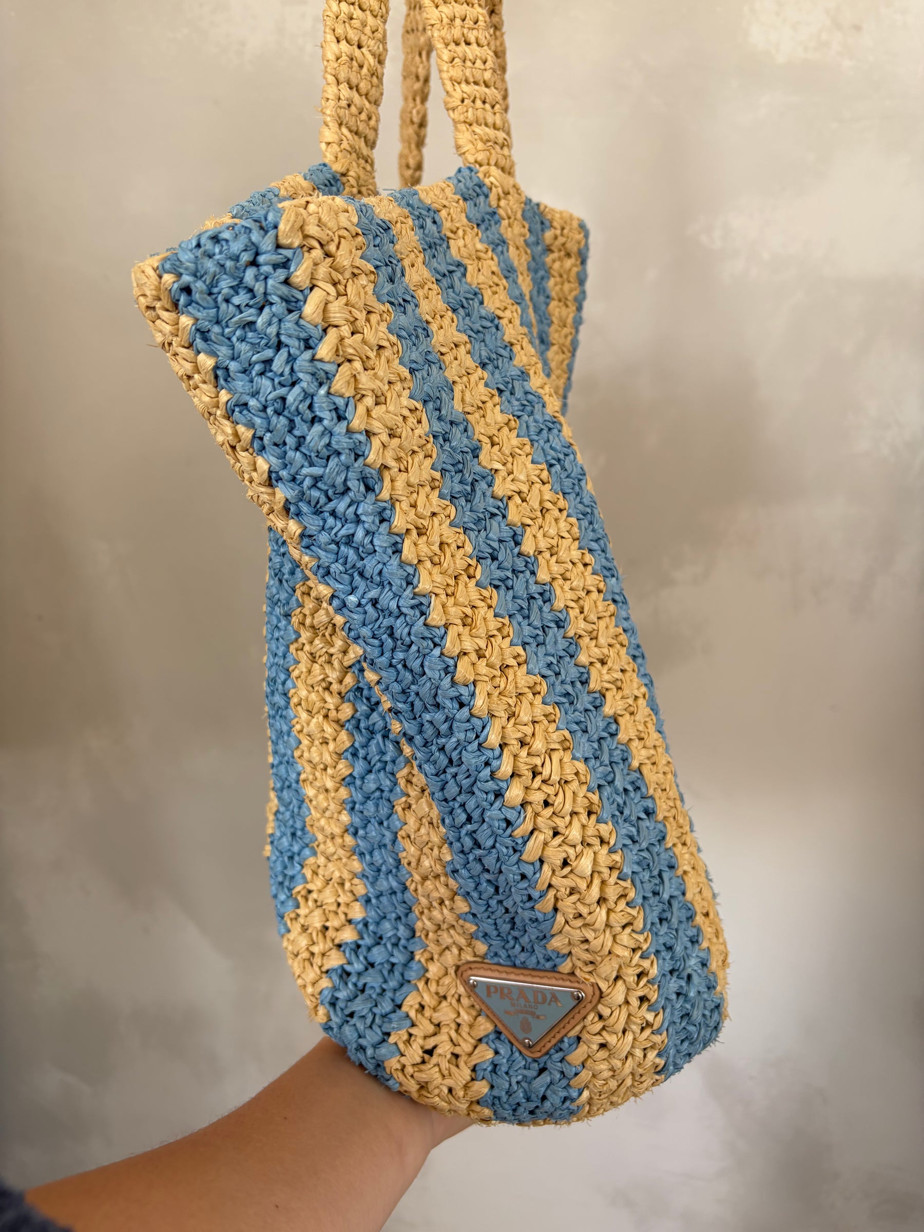 Prada Natural and Blue Raffia Logo Tote