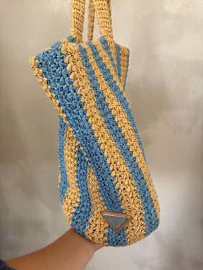 Prada Natural and Blue Raffia Logo Tote