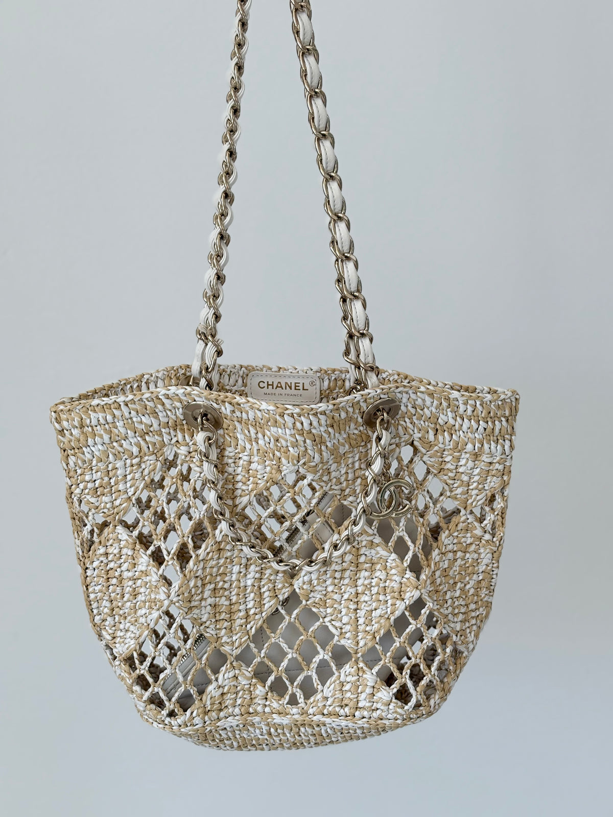 Chanel Natural and White Raffia Chain Leather Tote Bag