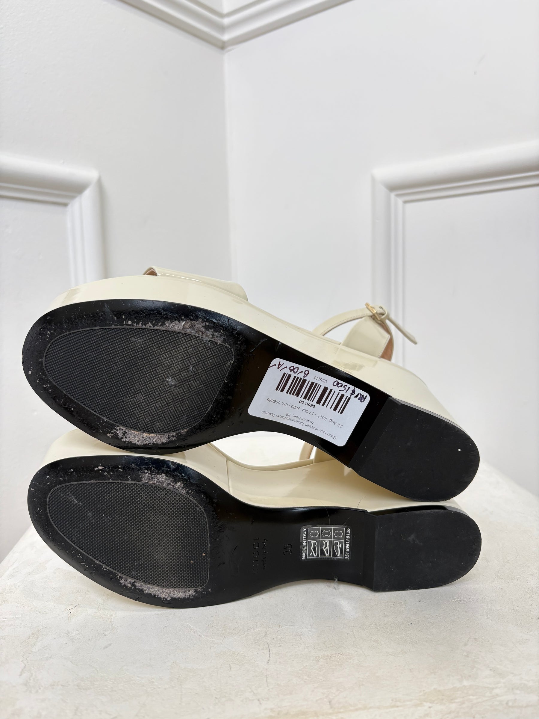 Gucci Lady Horsebit Embellished Patent Platform Sandals Ivory, 36