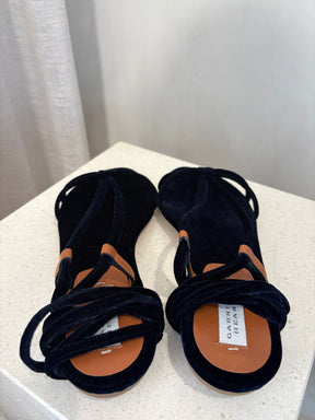GABRIELA HEARST Navy Velvet Lace Lace Up Sandals, 39.5