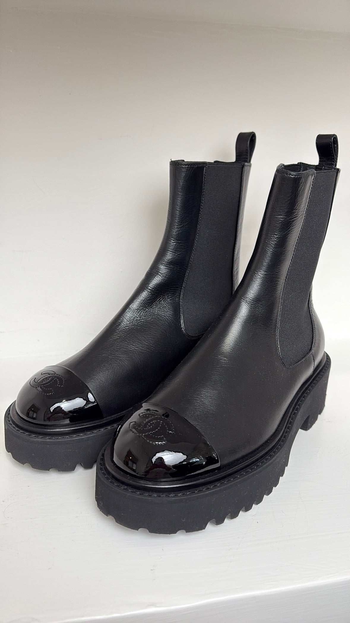 Chanel Black Leather Patent Cap Toe Boots, 36 C