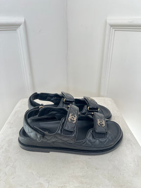 Chanel Black Quilted Leather Dad Sandals, 39C