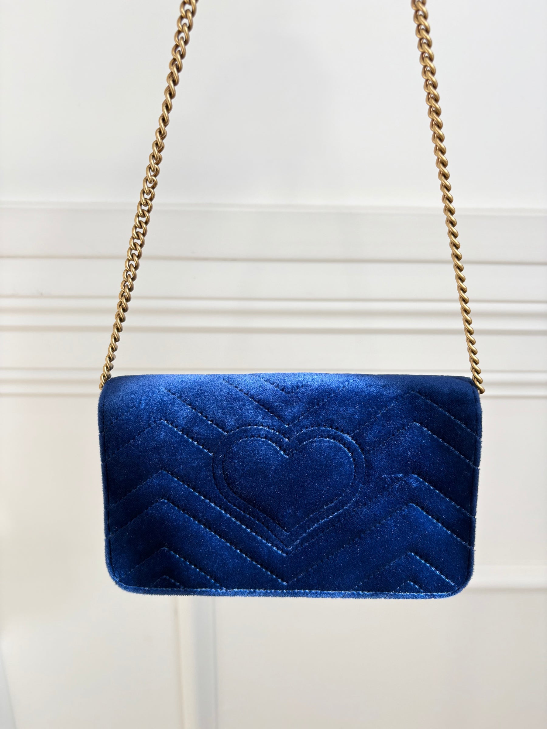 Gucci Blue Velvet Marmont Super Mini Chain Crossbody Bag