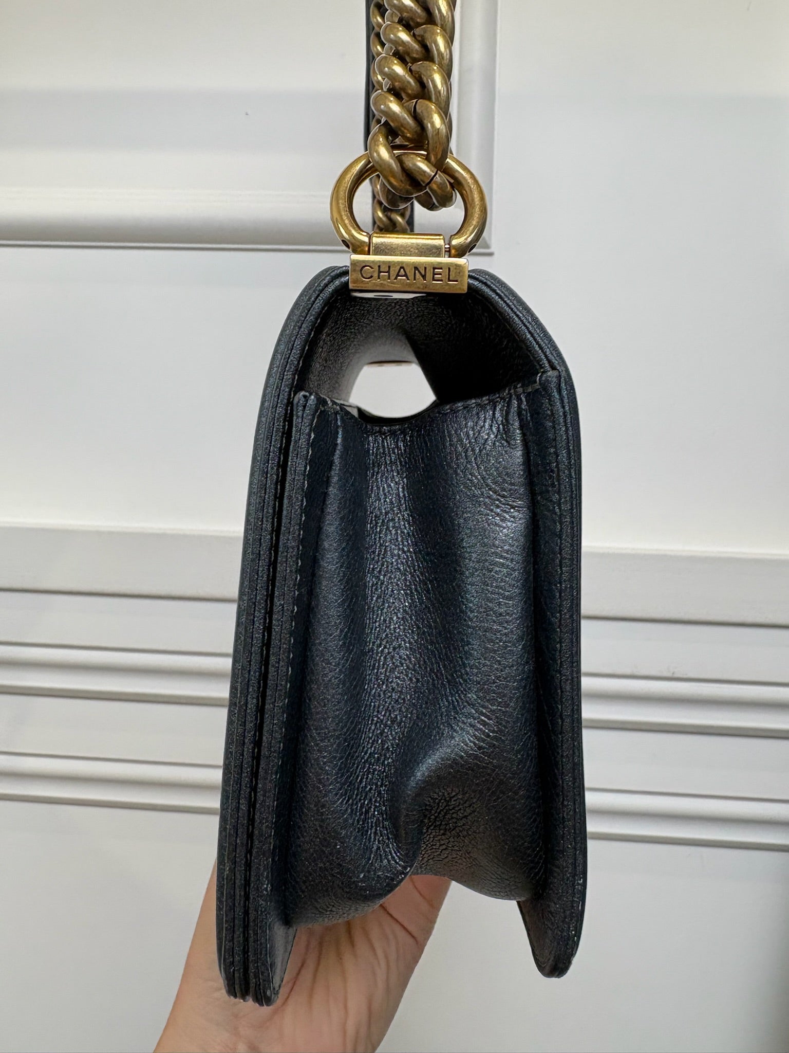 Chanel Charcoal Metallic Leather Old Medium Boy Bag