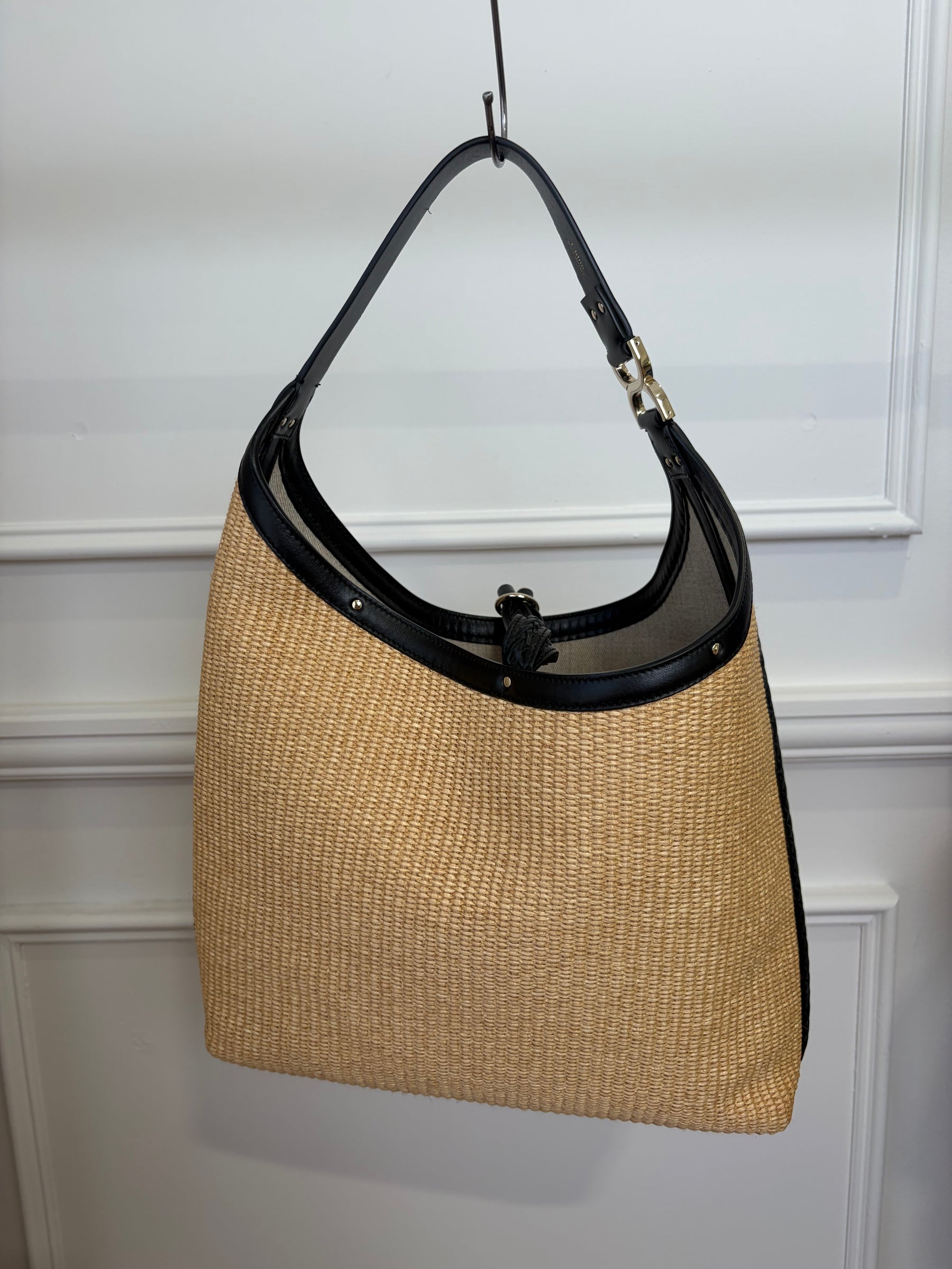 Chloé Raffia and Black Leather Marcie Hobo Bag