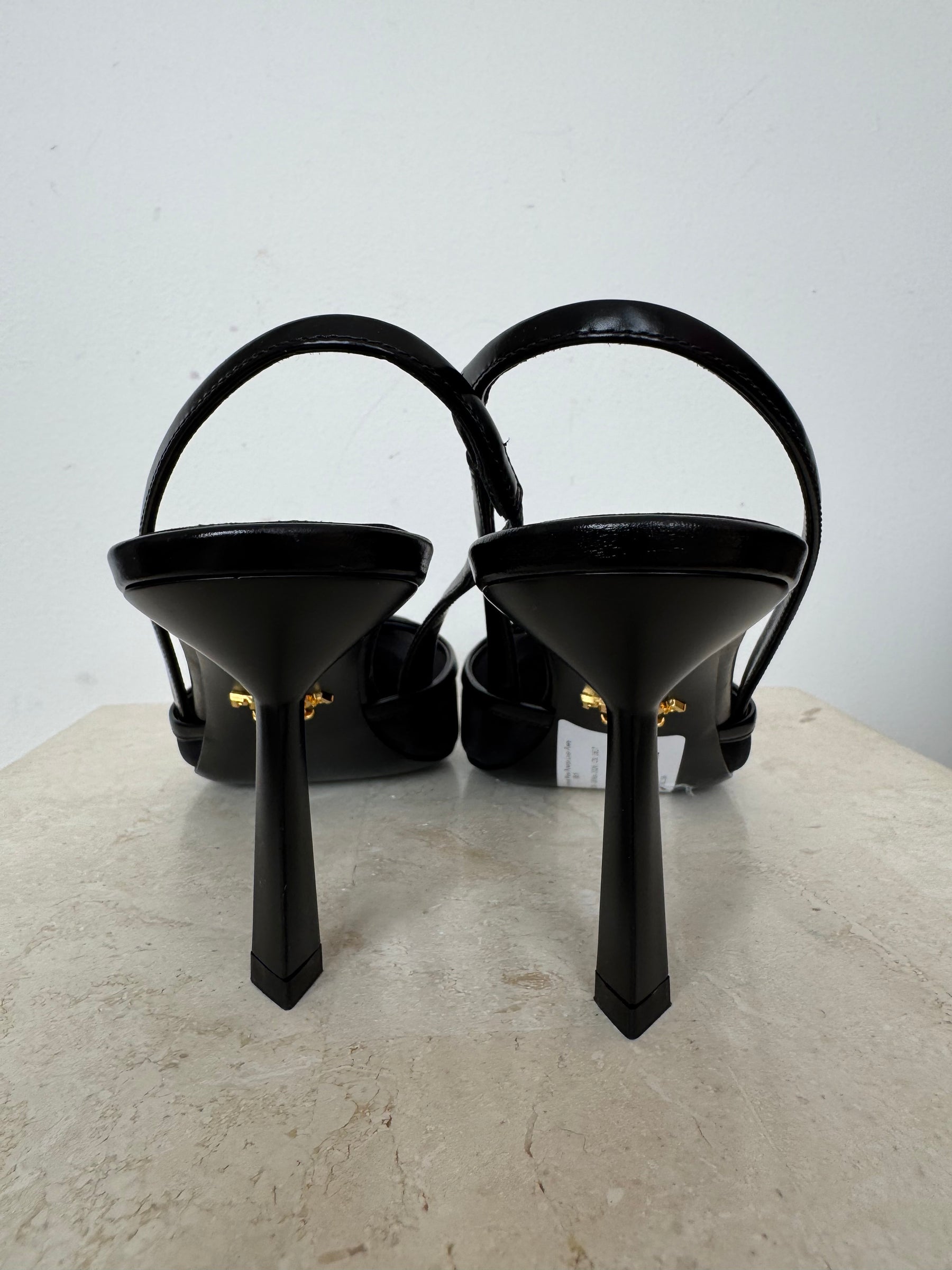 Prada Black Leather Mesh Pointed Logo Pumps, 38.5