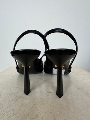 Prada Black Leather Mesh Pointed Logo Pumps, 38.5
