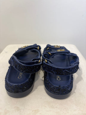 Chanel Blue Tweed Dad Sandals With Crystals And Pearls, 38 C