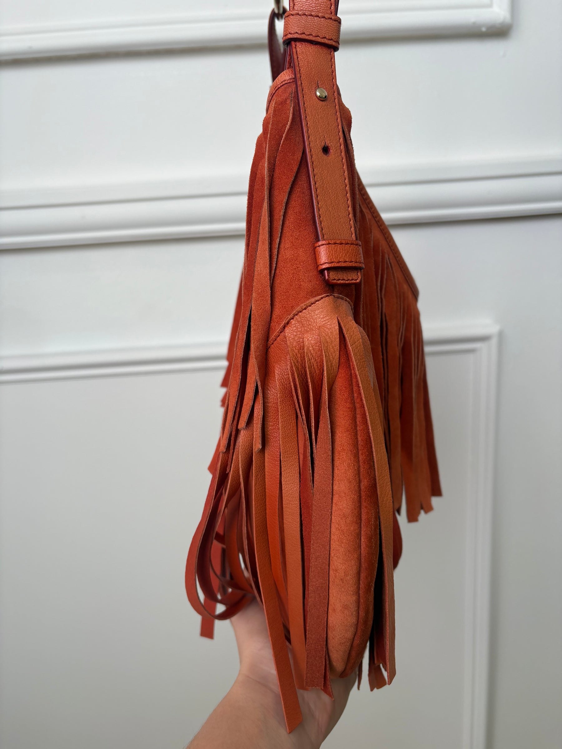 Saint Laurent Orange Suede Fringes Shoulder Bag