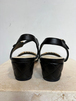 Chanel Black Leather Gold Chain Heeled Sandals, 38