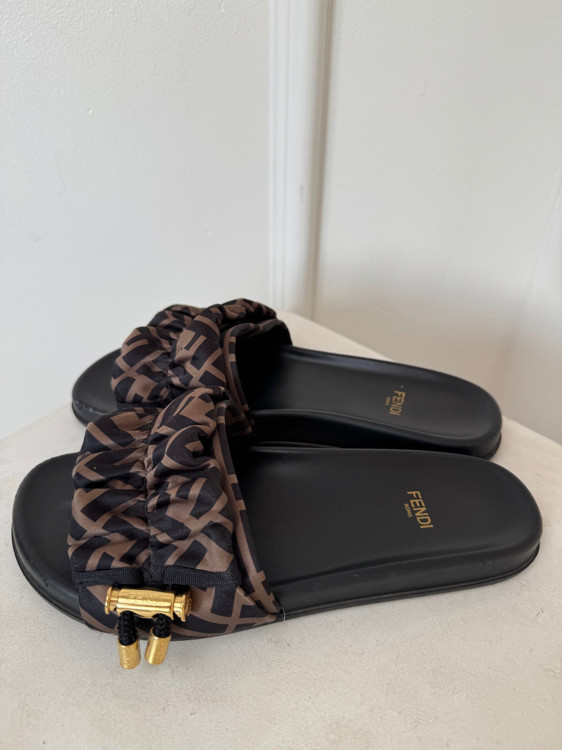 Fendi Feel Brown Satin Slides, 37