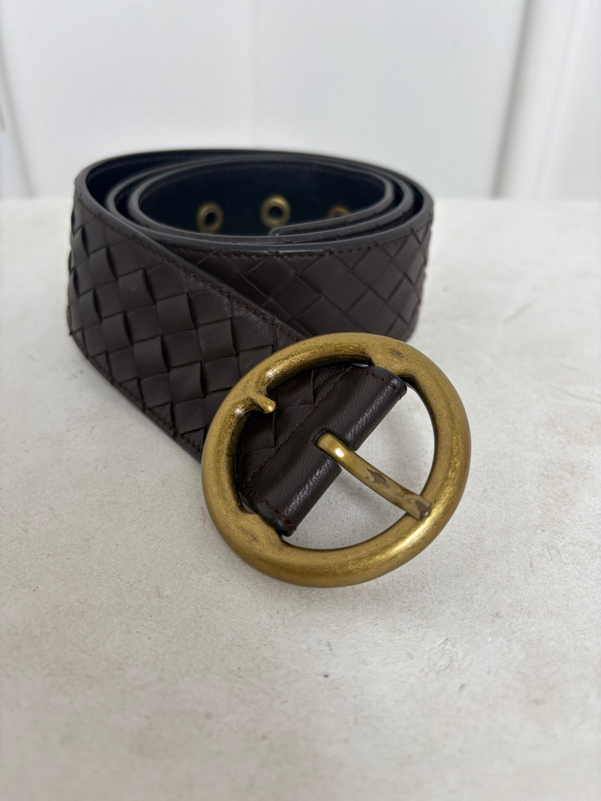 Bottega Veneta Brown Intrecciato Leather Round Buckle Belt, 85