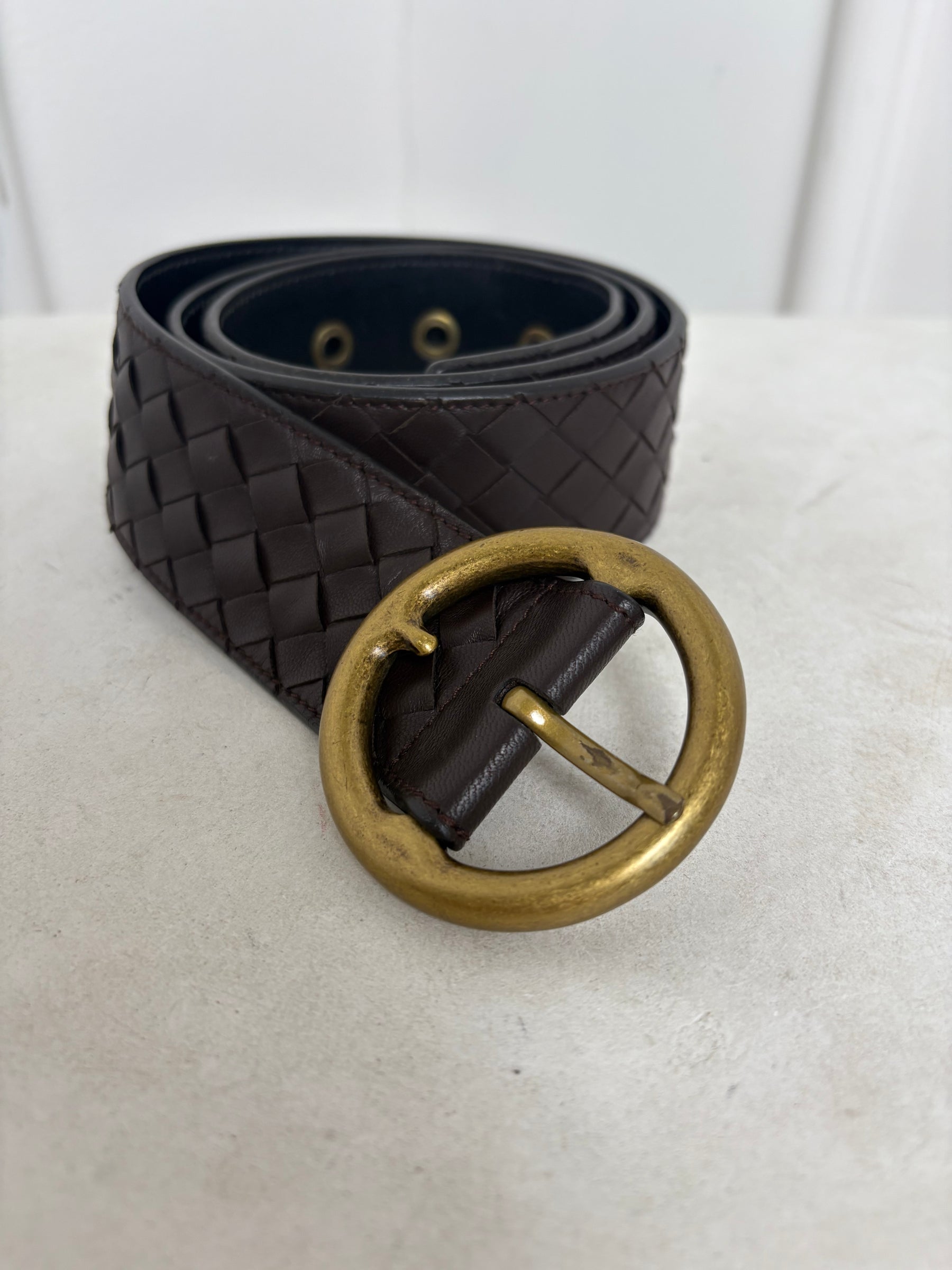 Bottega Veneta Brown Intrecciato Leather Round Buckle Belt, 85