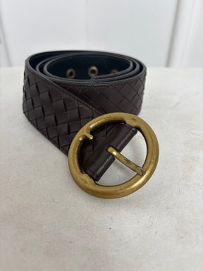 Bottega Veneta Brown Intrecciato Leather Round Buckle Belt, 85