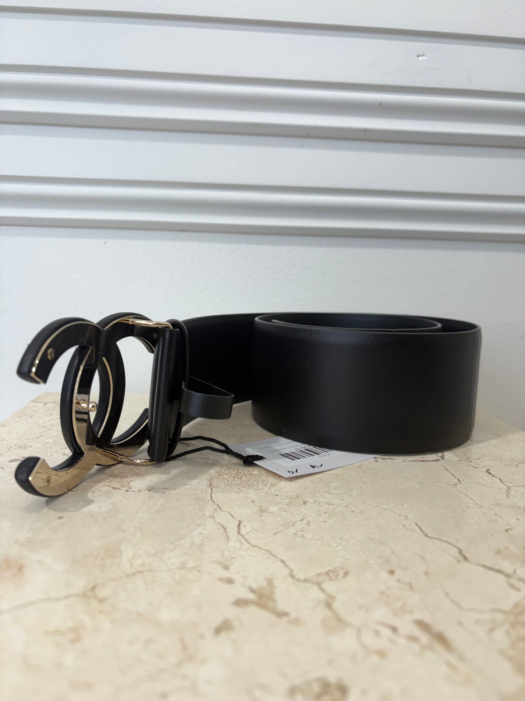 Chanel Black Leather Covered Logo Belt, 80cm