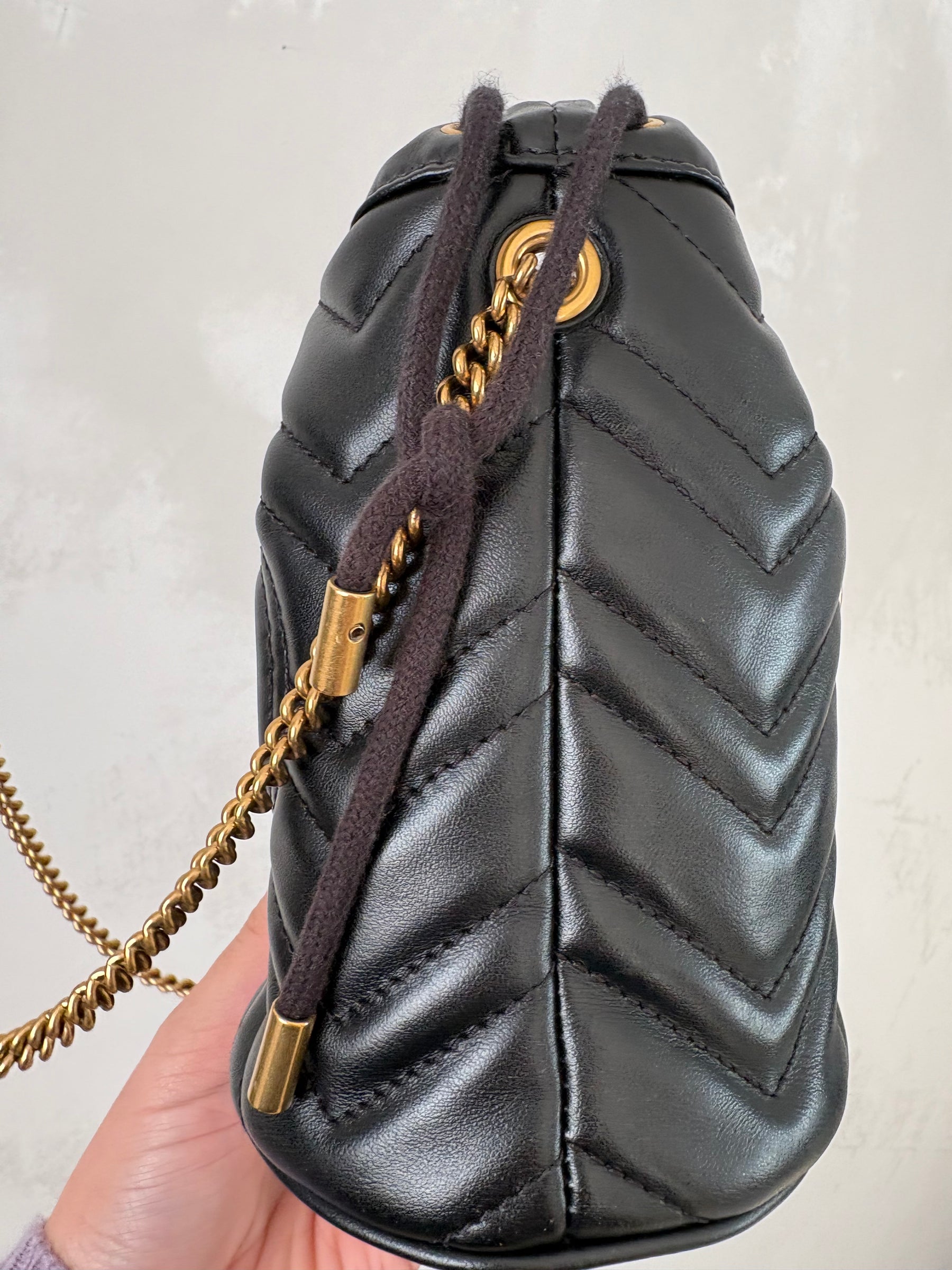 Gucci Black Chevron Leather Mini Marmont Bucket