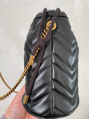 Gucci Black Chevron Leather Mini Marmont Bucket