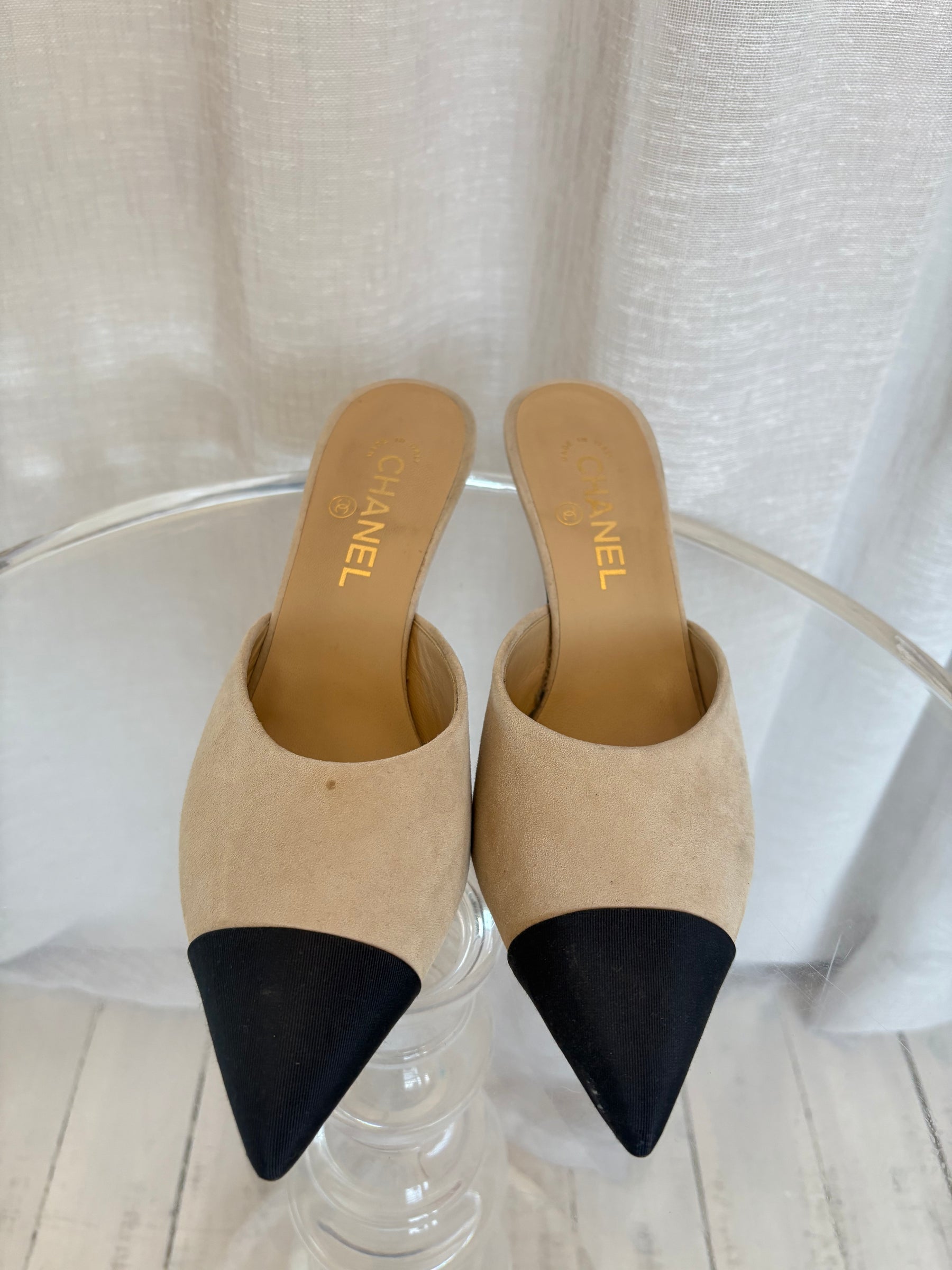 Chanel Stone Suede and  Black Pointed Mules, 40