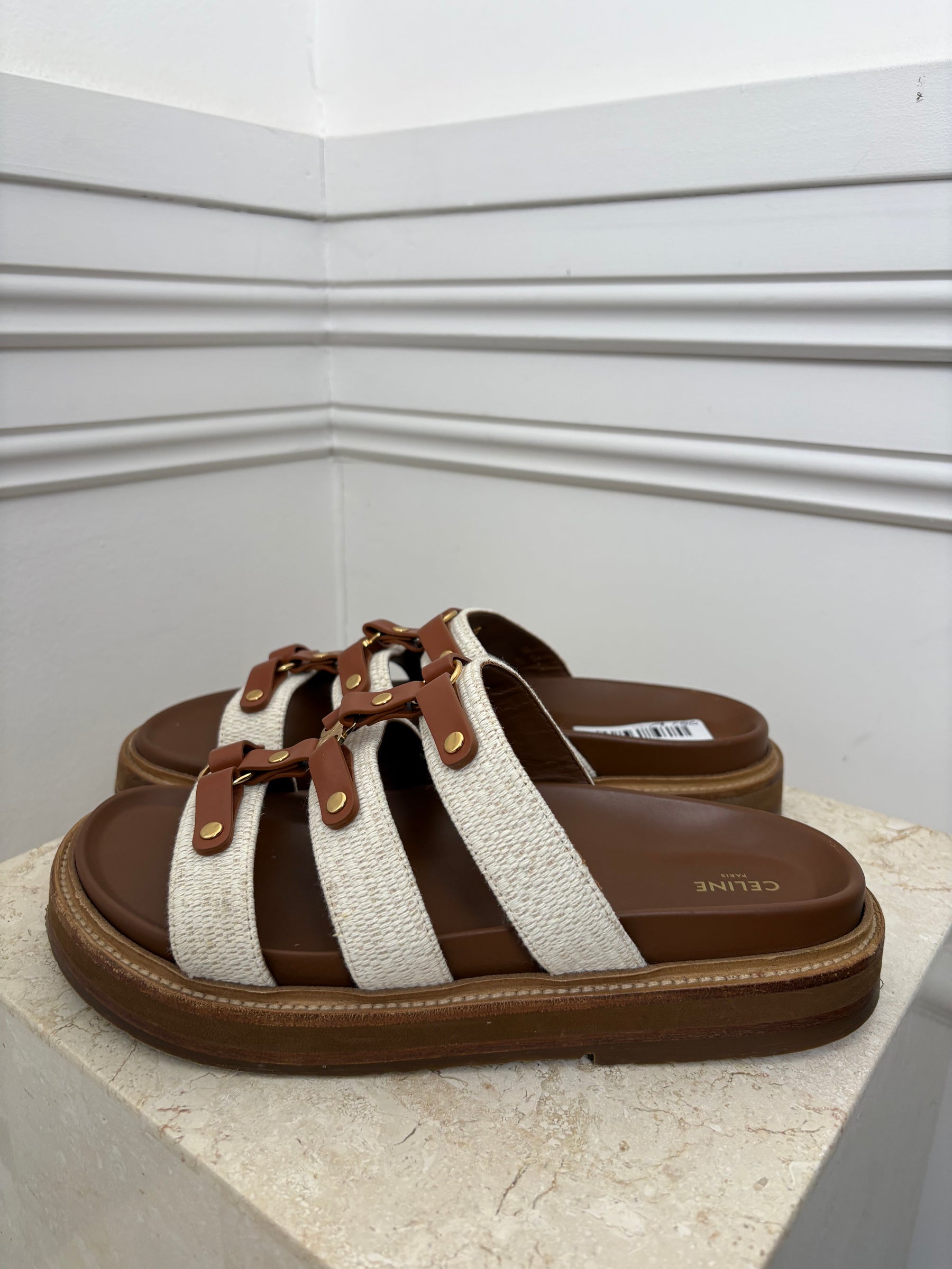 Celine Tan Leather and Cream Canvas Triomphe Tippi Slides
