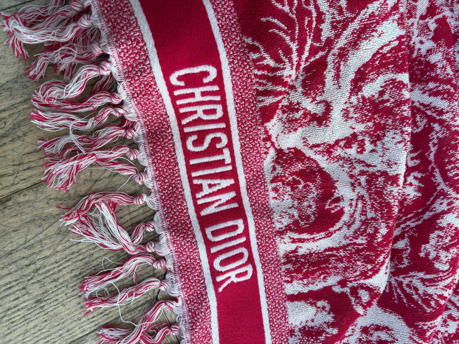 Dior Red Toile De Juoy Raffia Tote and Beach Towel SET