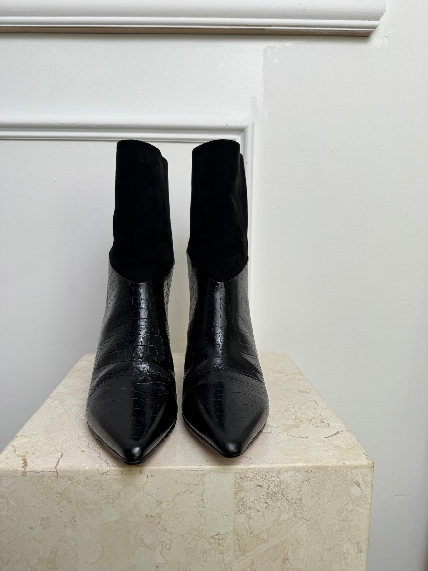 Jimmy Choo Black Croc Embossed Leather and Suede Ankle Boots, 39
