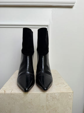 Jimmy Choo Black Croc Embossed Leather and Suede Ankle Boots, 39