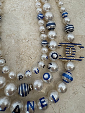 Chanel 3 Strand Pearl Logo Necklace with Blue Detailing