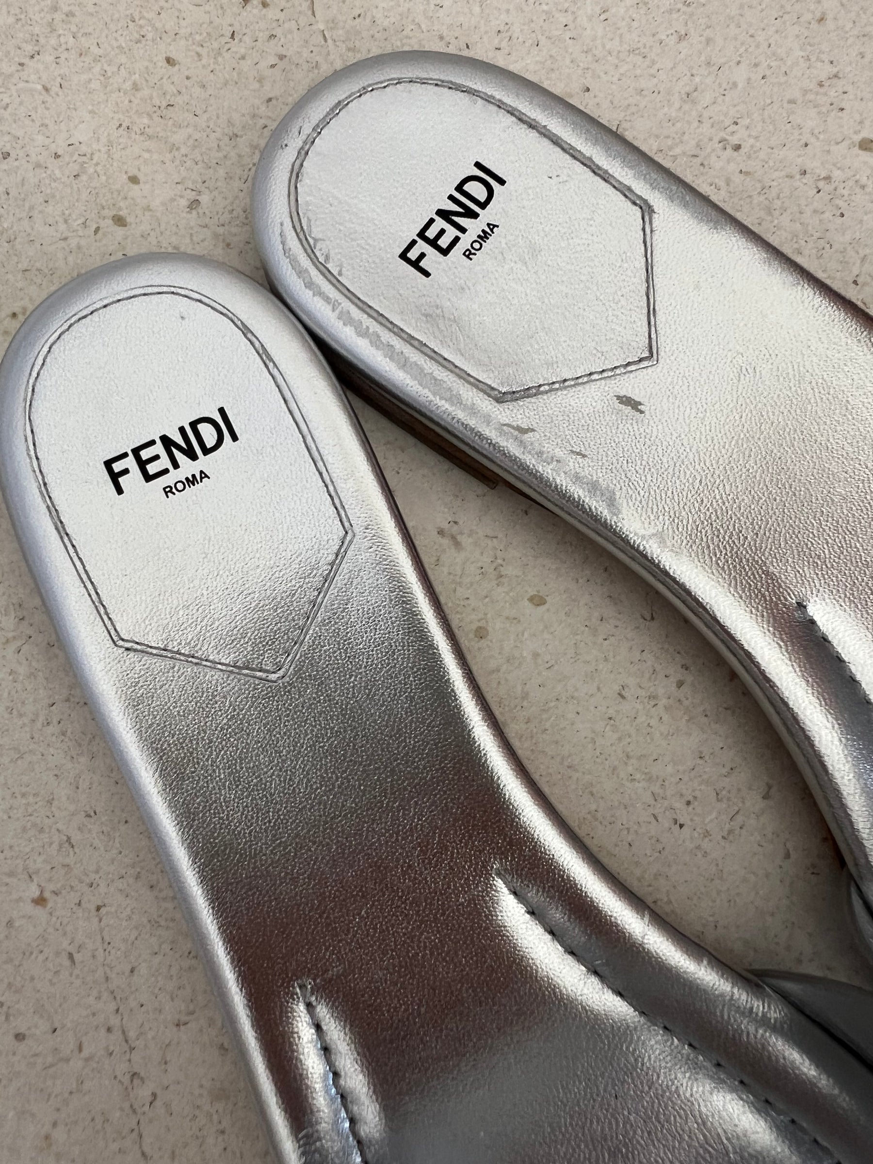 Fendi Baguette Silver Logo Slides, 39