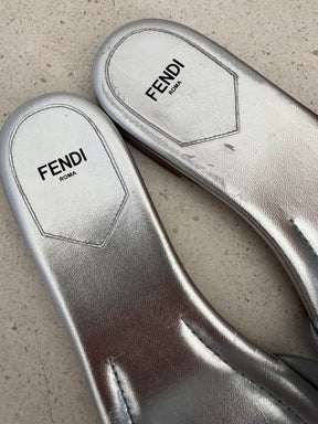 Fendi Baguette Silver Logo Slides, 39