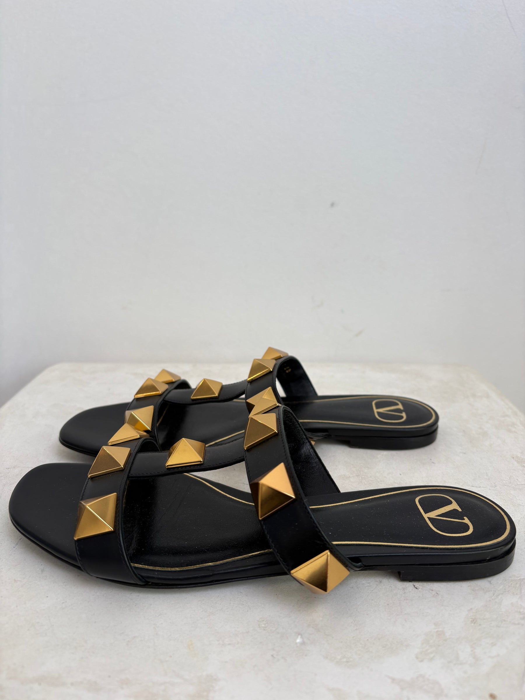 Valentino Garavani Black and Gold Roman Stud Slides, 38