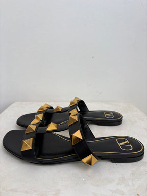 Valentino Garavani Black and Gold Roman Stud Slides, 38