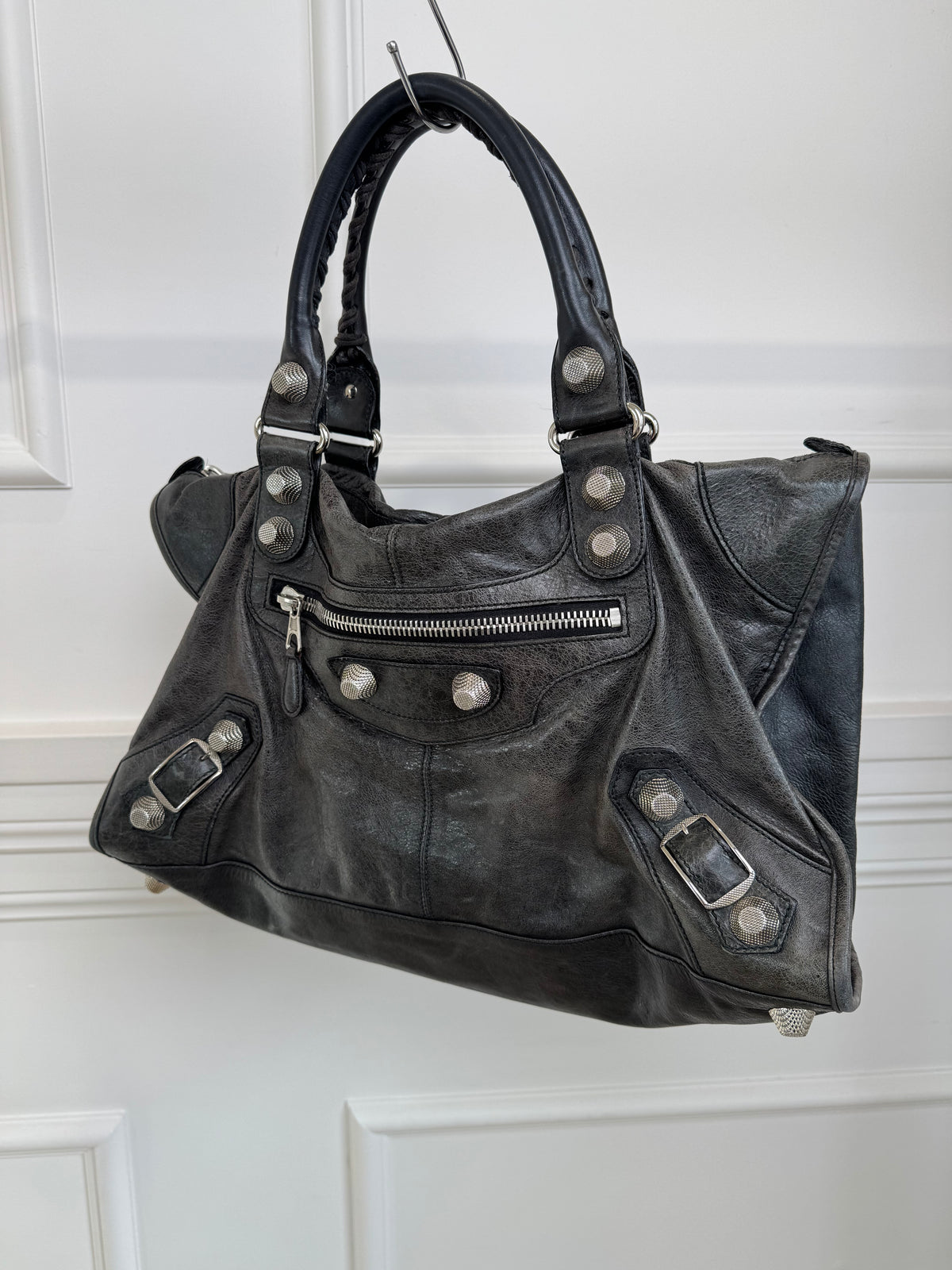 Balenciaga Grey Distressed Leather City Bag