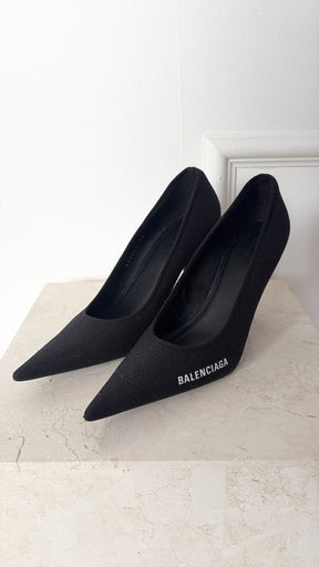 Balenciaga Black Fabric Logo Pointed Pump, 38