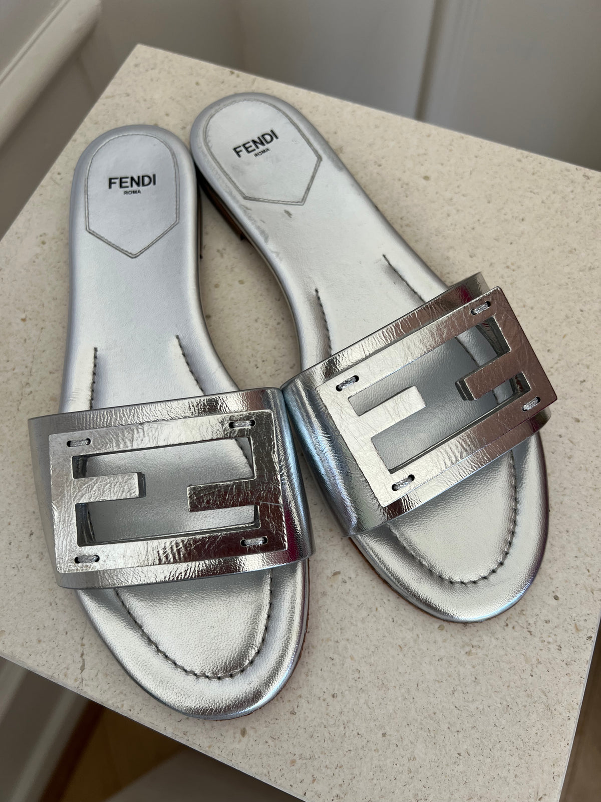 Fendi Baguette Silver Logo Slides, 39