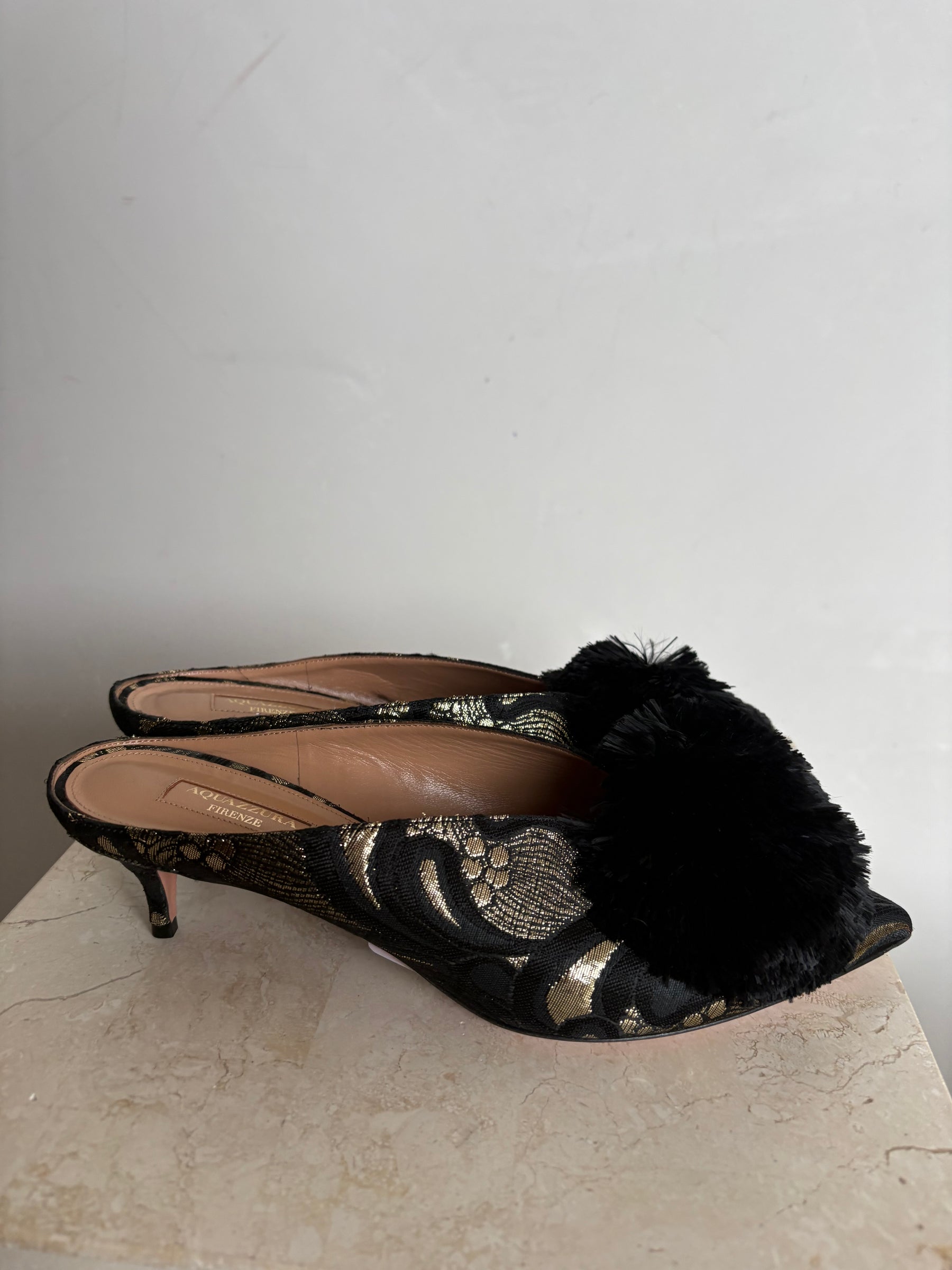 Aquazzura Jacquard Plumes Mules Black Gold, 40