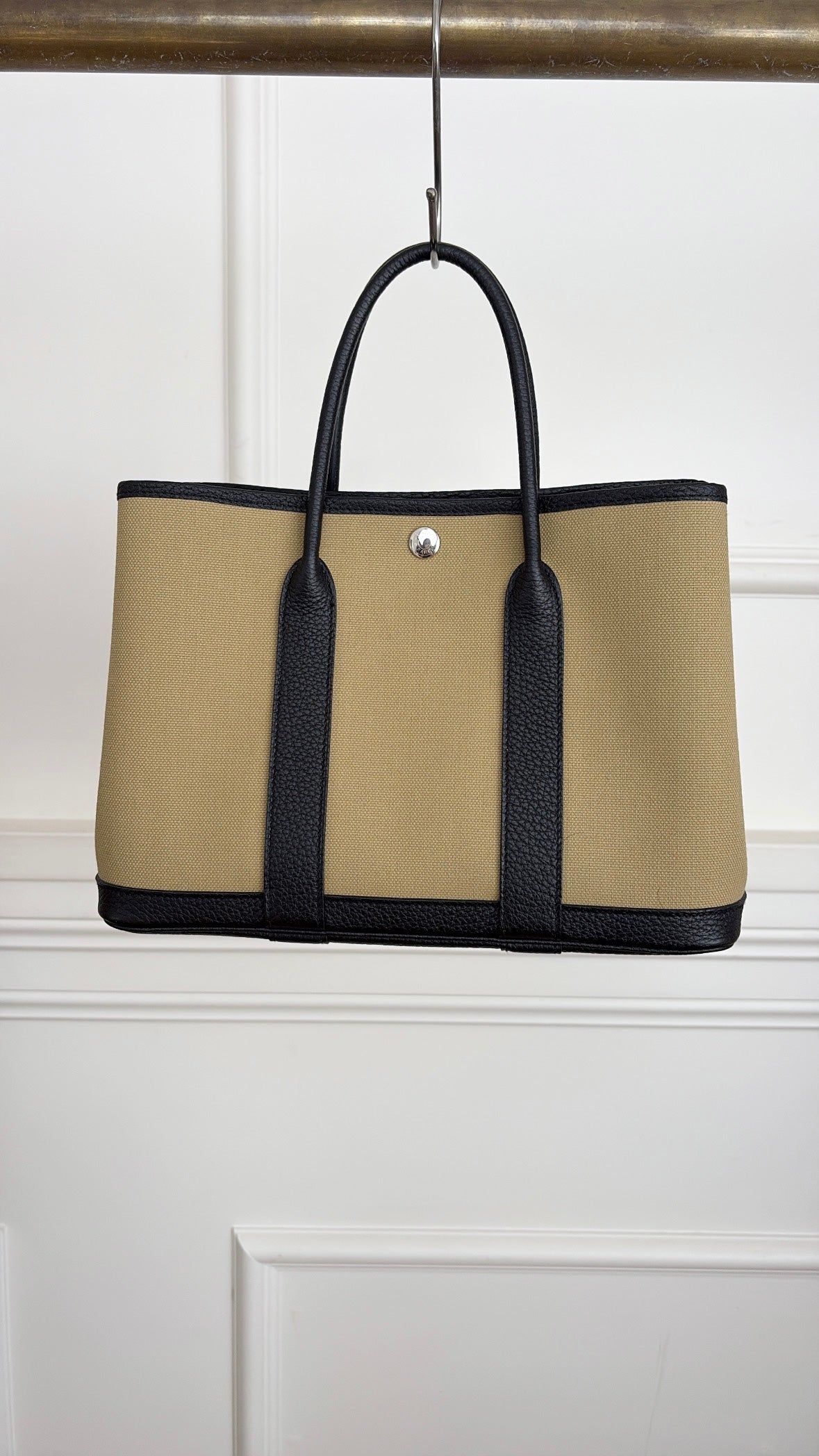 Hermès Garden Party 30 in 'Poussiere' Canvas and Noir Leather