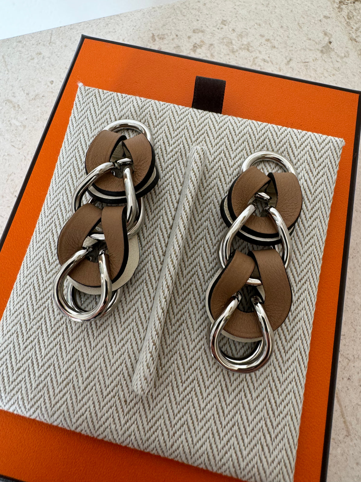 Hermès Brown Swift leather and Silver Villevoort Long Earrings