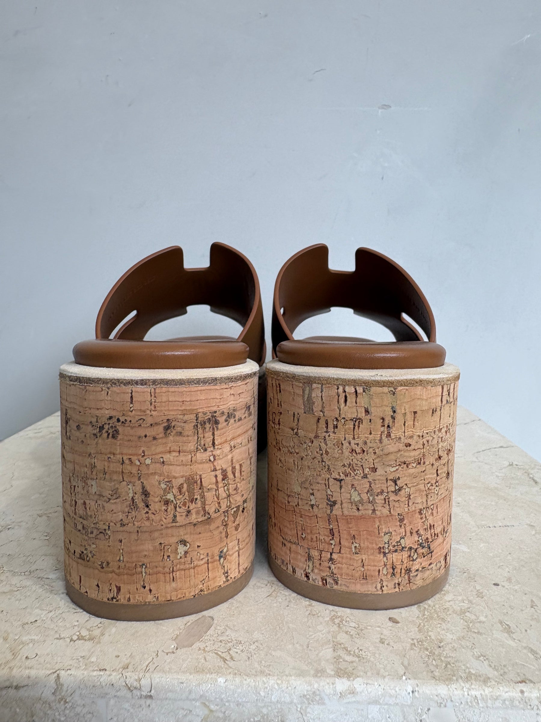 Hermès Tan Leather Eze Wedged Mules, 36